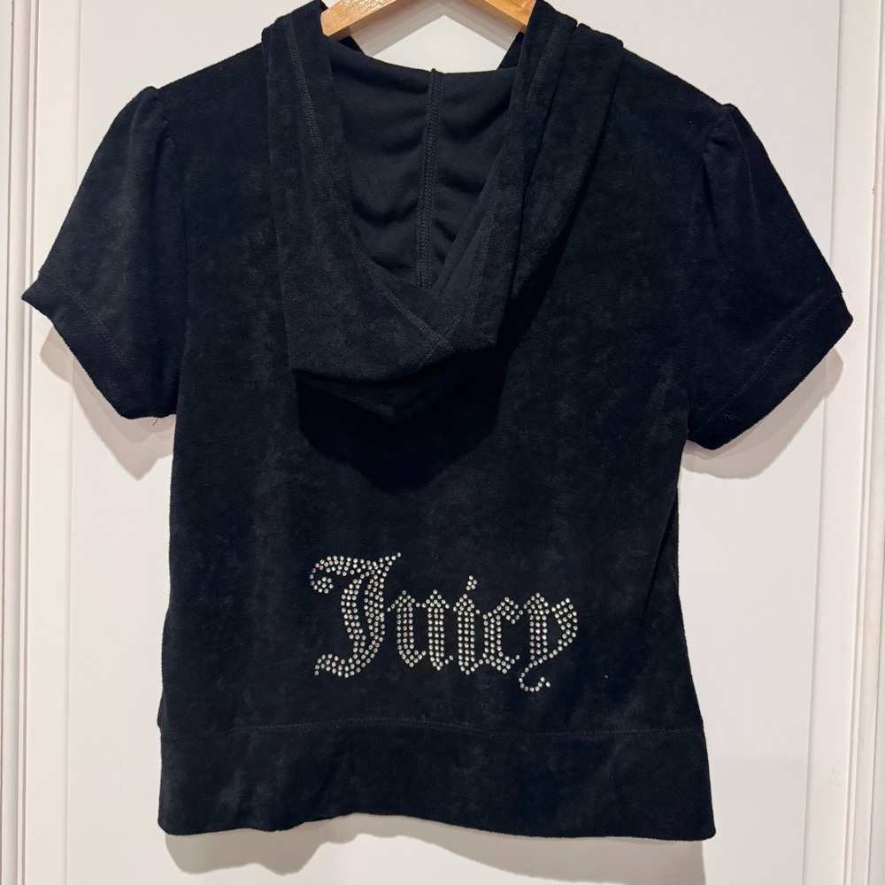 NEW Juicy Couture French Terry Short Sleeve Zip Front Hoodie Rhinestones Black